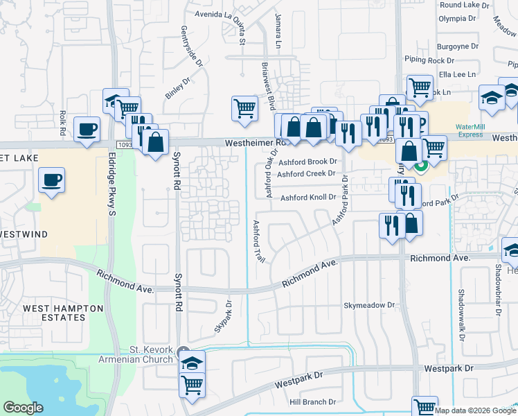 map of restaurants, bars, coffee shops, grocery stores, and more near 2819 Ashford Trail Drive in Houston