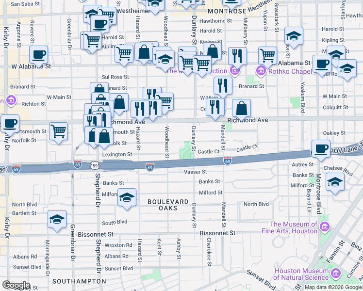 map of restaurants, bars, coffee shops, grocery stores, and more near 4310 Dunlavy Street in Houston