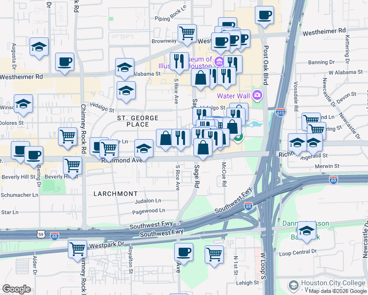 map of restaurants, bars, coffee shops, grocery stores, and more near 3388 Sage Road in Houston