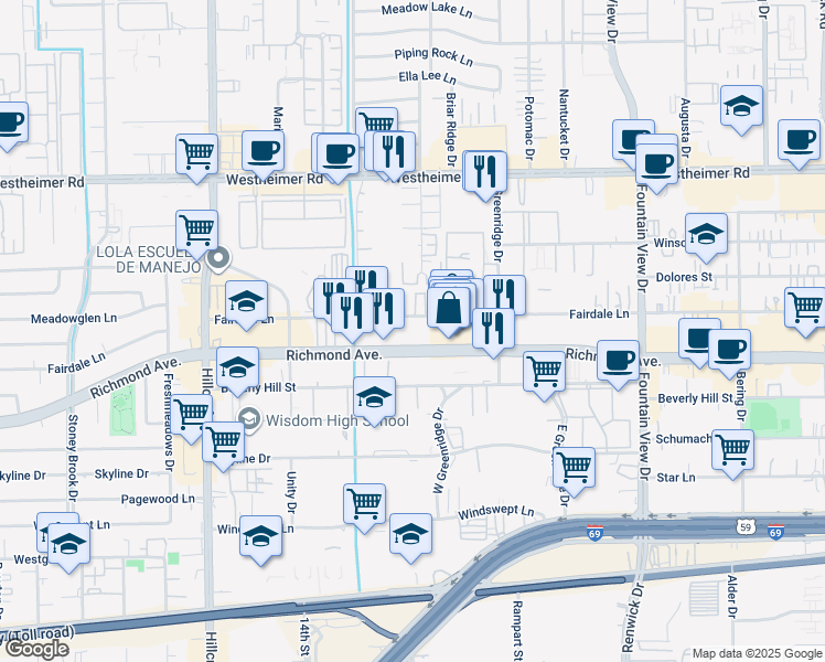 map of restaurants, bars, coffee shops, grocery stores, and more near 3023 West Park at Fairdale in Houston