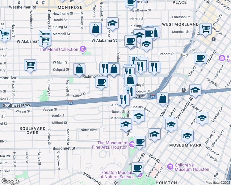 map of restaurants, bars, coffee shops, grocery stores, and more near 4454 Yoakum Boulevard in Houston