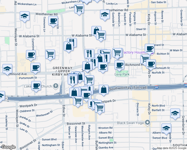 map of restaurants, bars, coffee shops, grocery stores, and more near 3333 Richmond Avenue in Houston