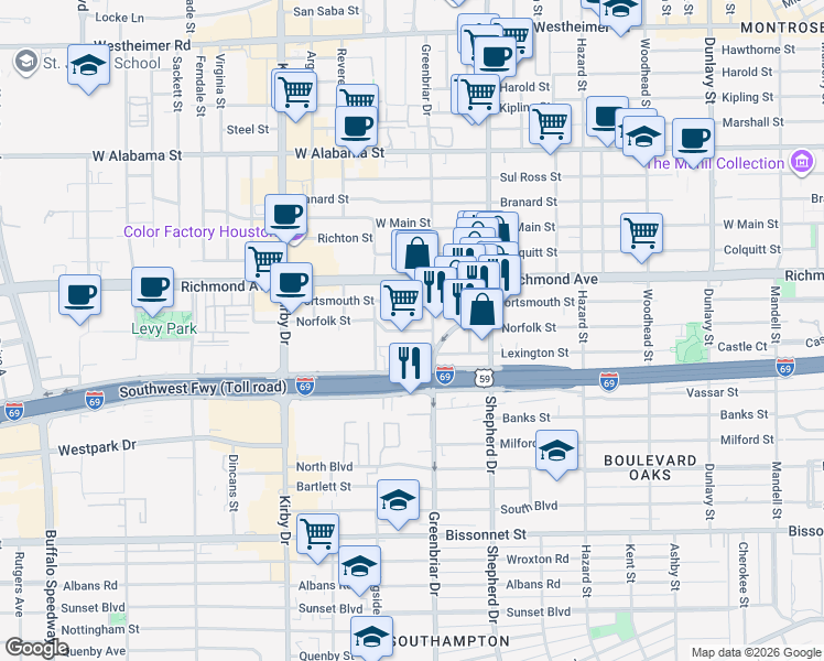 map of restaurants, bars, coffee shops, grocery stores, and more near Norfolk Street in Houston