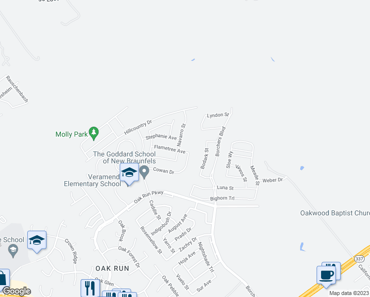 map of restaurants, bars, coffee shops, grocery stores, and more near 1982 Flametree Avenue in New Braunfels