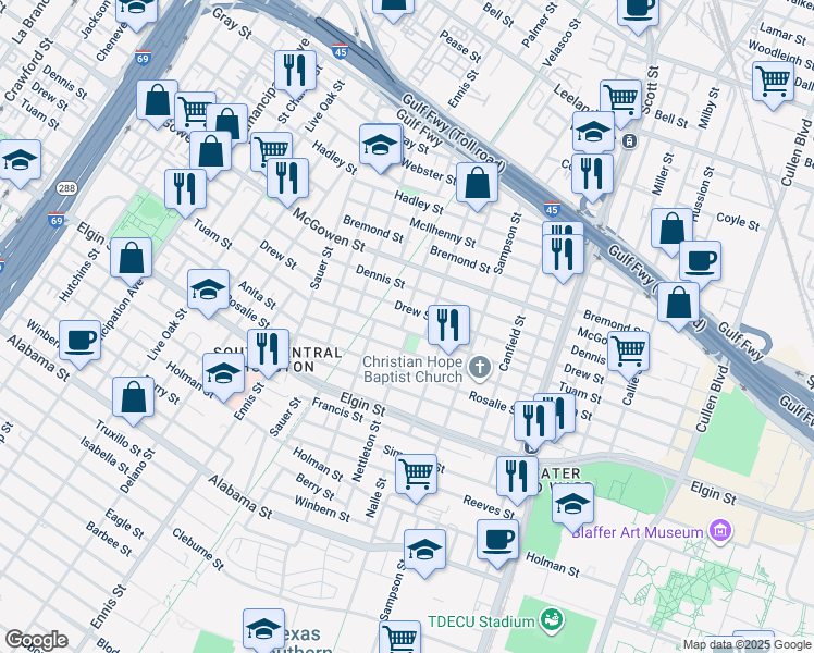 map of restaurants, bars, coffee shops, grocery stores, and more near 2802 Nettleton Street in Houston