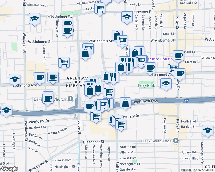 map of restaurants, bars, coffee shops, grocery stores, and more near 3373 Richmond Avenue in Houston