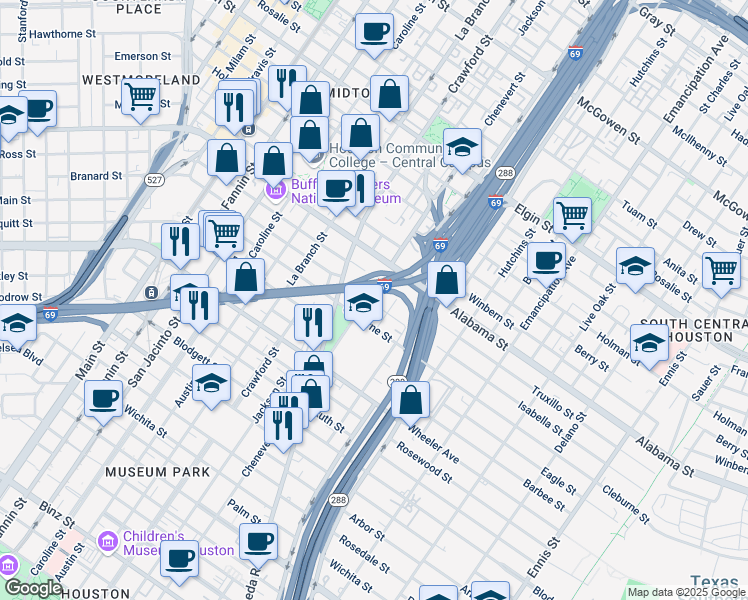 map of restaurants, bars, coffee shops, grocery stores, and more near 3933 Chenevert Street in Houston