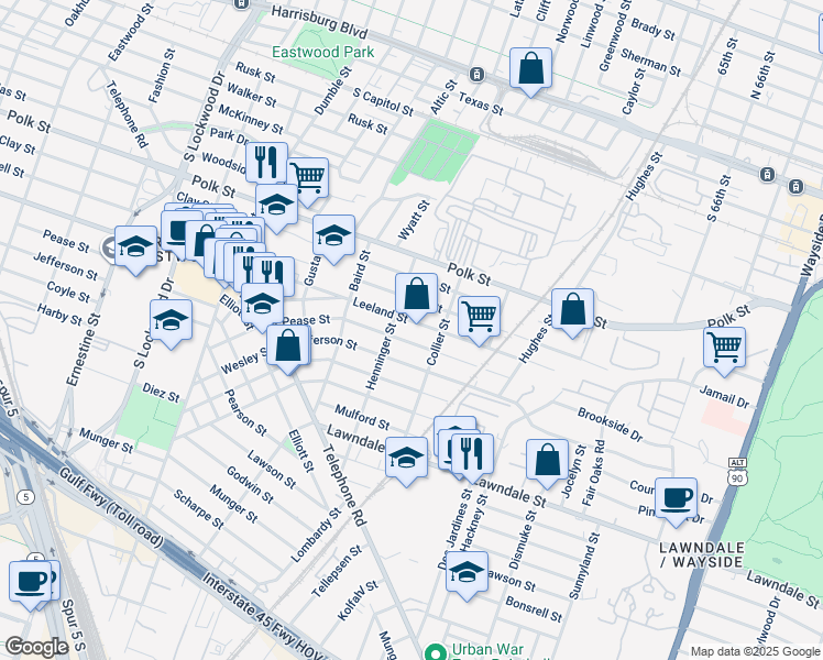 map of restaurants, bars, coffee shops, grocery stores, and more near 5235 Leeland Street in Houston