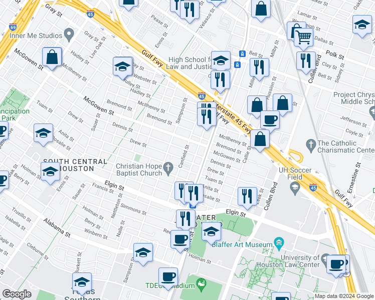 map of restaurants, bars, coffee shops, grocery stores, and more near 3426 McGowen Street in Houston