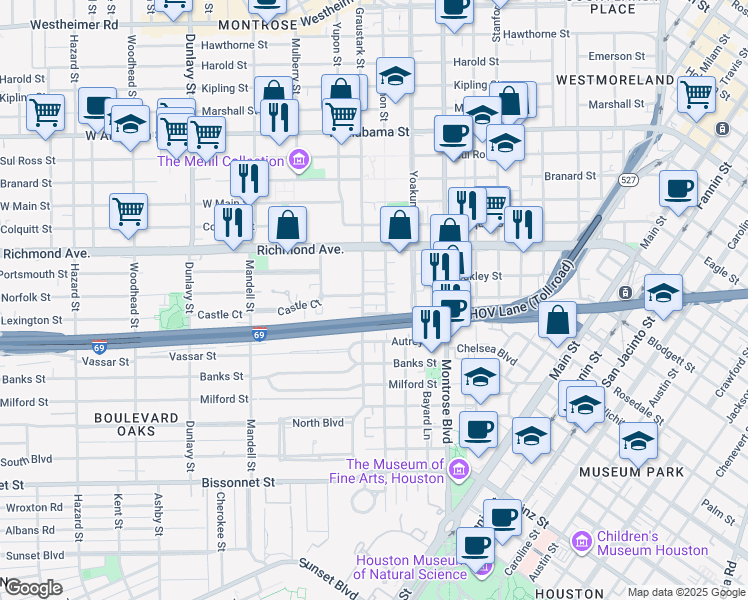 map of restaurants, bars, coffee shops, grocery stores, and more near 4414 Mount Vernon Street in Houston