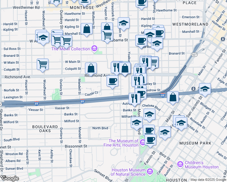 map of restaurants, bars, coffee shops, grocery stores, and more near 4414 Mount Vernon Street in Houston