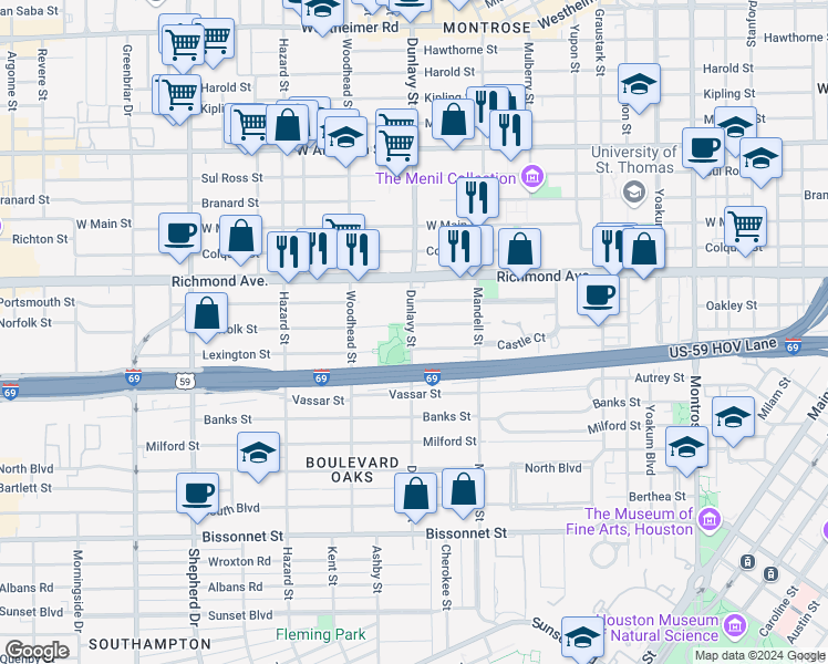 map of restaurants, bars, coffee shops, grocery stores, and more near 1648 Norfolk Street in Houston