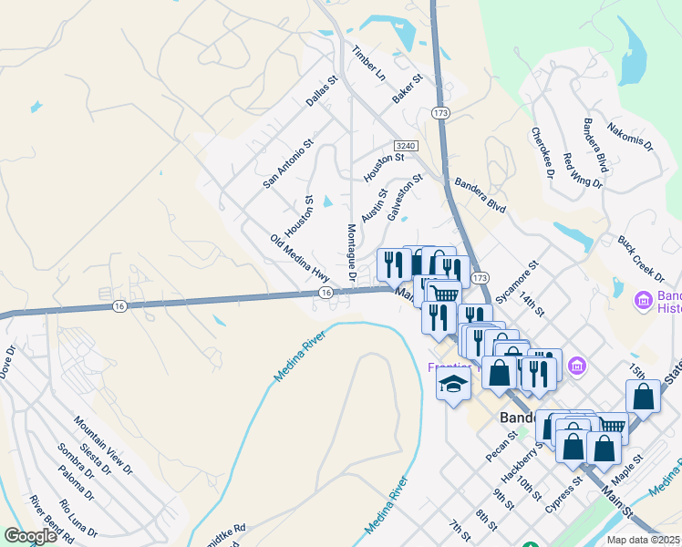 map of restaurants, bars, coffee shops, grocery stores, and more near 800 Montague Drive in Bandera