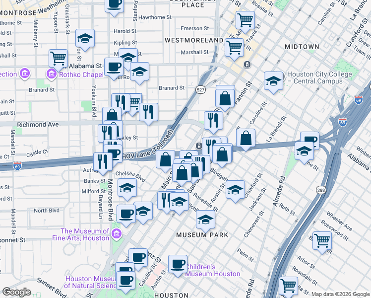 map of restaurants, bars, coffee shops, grocery stores, and more near 4640 Main Street in Houston