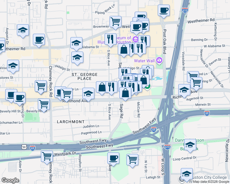 map of restaurants, bars, coffee shops, grocery stores, and more near 3388 Sage Road in Houston