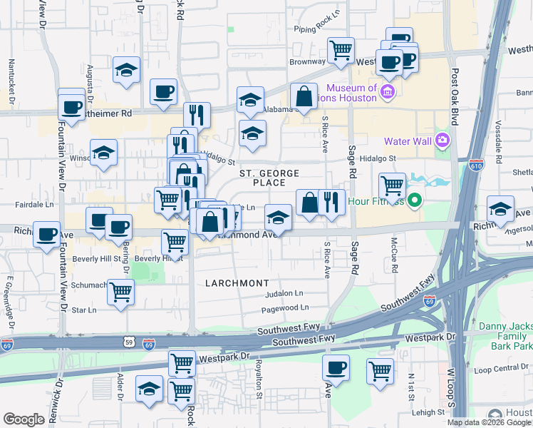 map of restaurants, bars, coffee shops, grocery stores, and more near 5402 Fairdale Lane in Houston