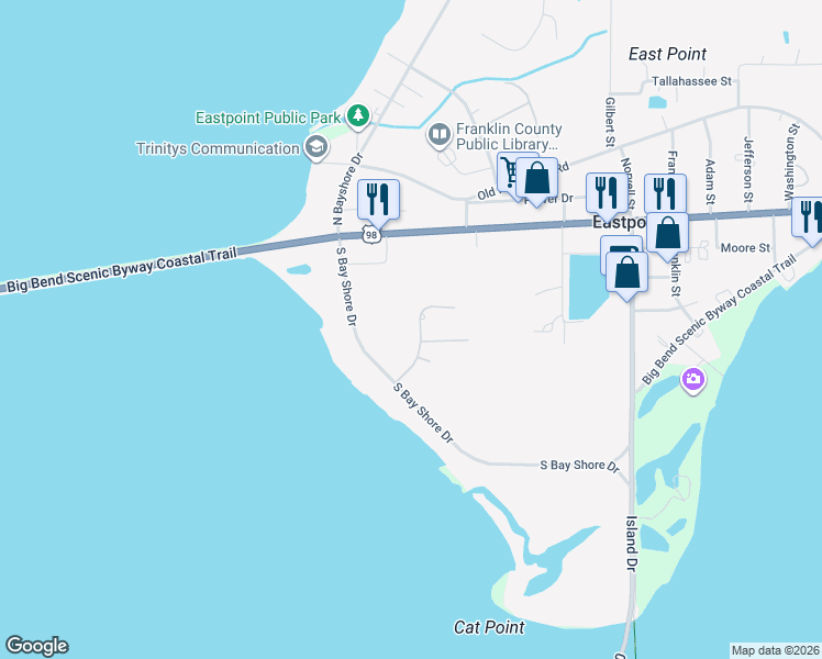 map of restaurants, bars, coffee shops, grocery stores, and more near 129 Las Brisas Way in Eastpoint