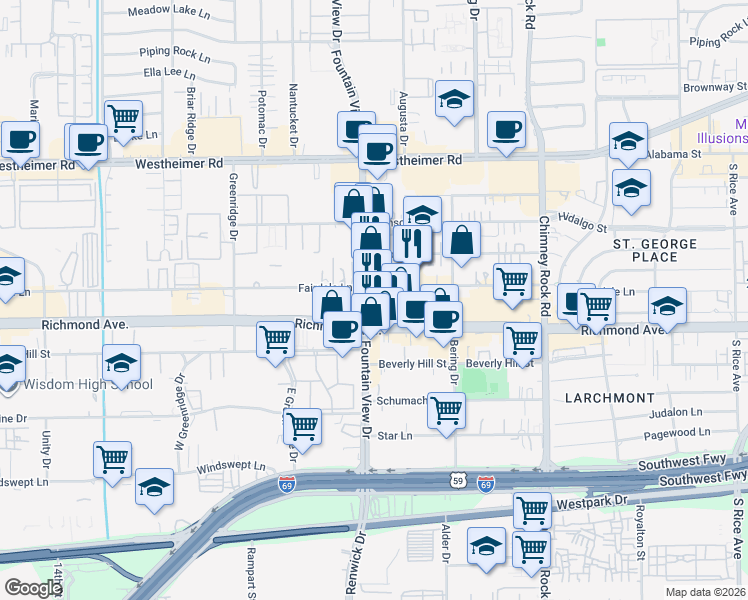map of restaurants, bars, coffee shops, grocery stores, and more near 5930 Fairdale Lane in Houston