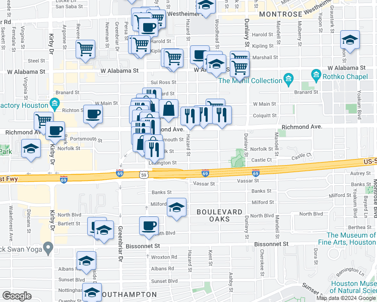 map of restaurants, bars, coffee shops, grocery stores, and more near Hazard St & Norfolk St in Houston