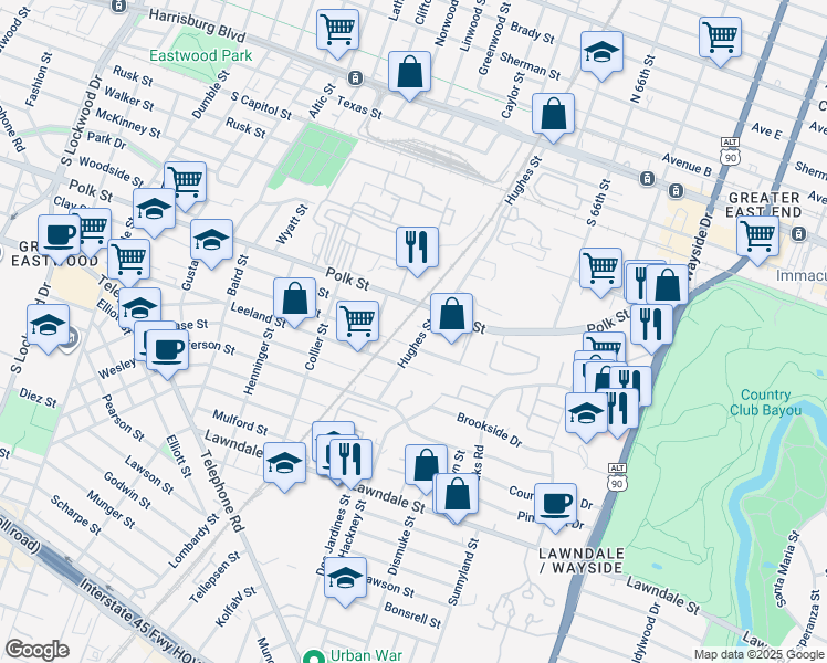 map of restaurants, bars, coffee shops, grocery stores, and more near 5437 Clay Street in Houston