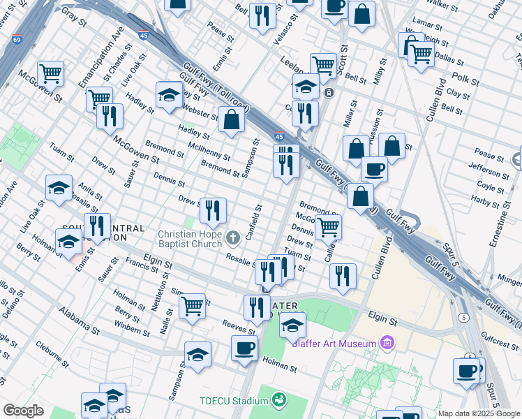 map of restaurants, bars, coffee shops, grocery stores, and more near 3426 McGowen Street in Houston