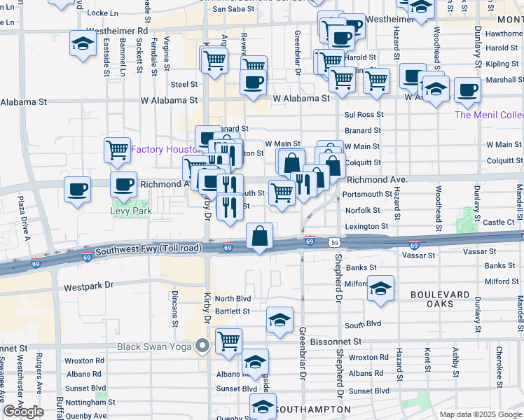 map of restaurants, bars, coffee shops, grocery stores, and more near 2245 1/2 Portsmouth Street in Houston