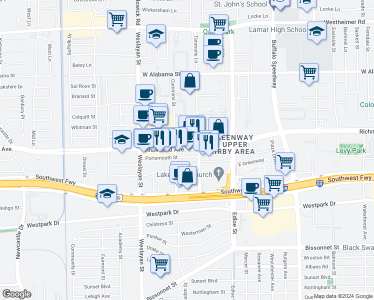 map of restaurants, bars, coffee shops, grocery stores, and more near 3772 Richmond Avenue in Houston