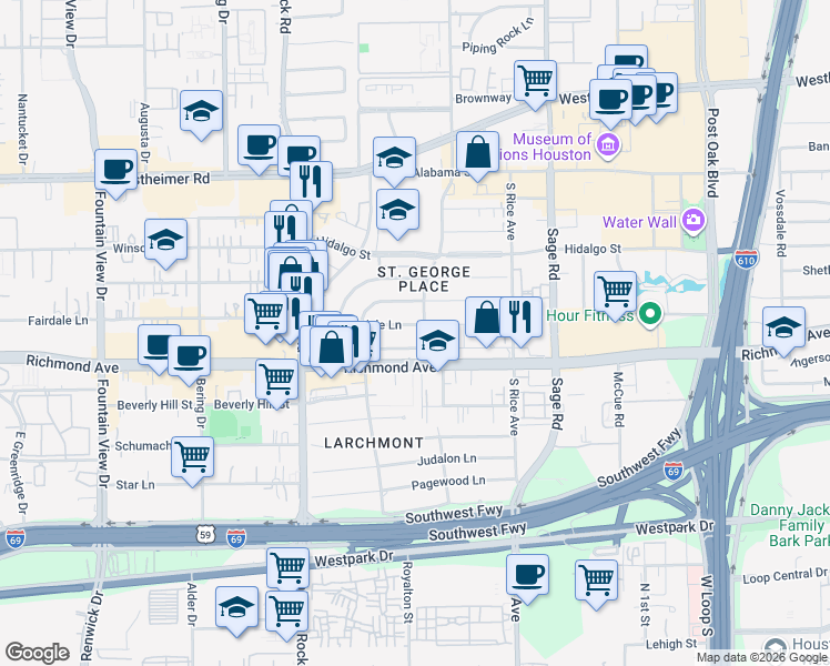 map of restaurants, bars, coffee shops, grocery stores, and more near 5402 Fairdale Lane in Houston
