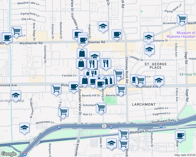 map of restaurants, bars, coffee shops, grocery stores, and more near 5812 Fairdale Lane in Houston