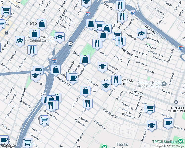 map of restaurants, bars, coffee shops, grocery stores, and more near 3216 Live Oak Street in Houston