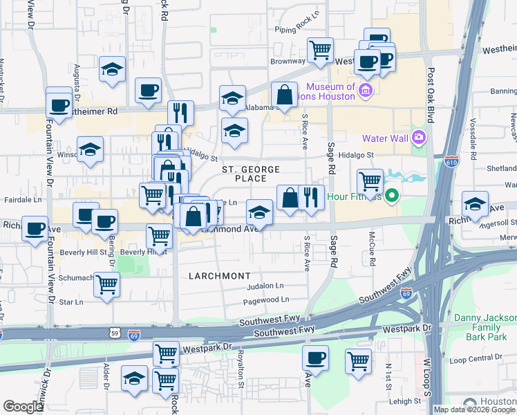 map of restaurants, bars, coffee shops, grocery stores, and more near 5402 Fairdale Lane in Houston
