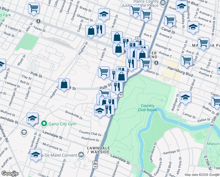 map of restaurants, bars, coffee shops, grocery stores, and more near 610 South Wayside Drive in Houston