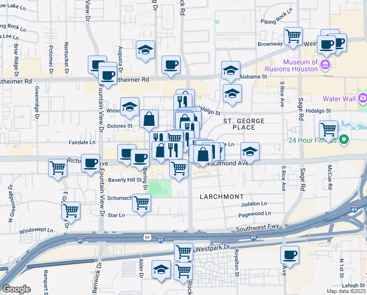 map of restaurants, bars, coffee shops, grocery stores, and more near 3111 Chimney Rock Road in Houston