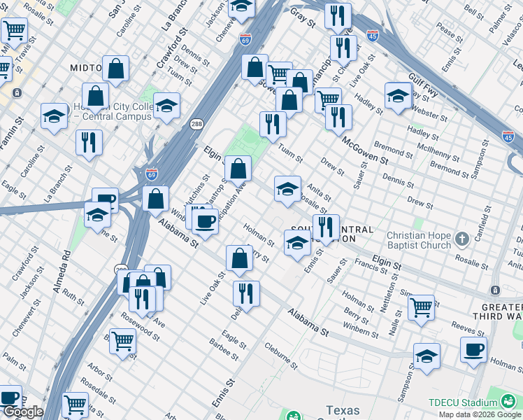 map of restaurants, bars, coffee shops, grocery stores, and more near 3216 Live Oak Street in Houston