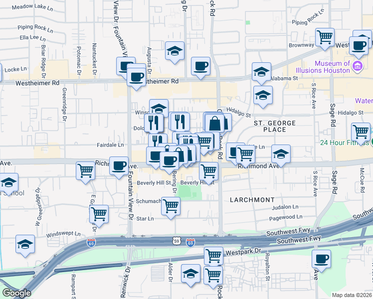 map of restaurants, bars, coffee shops, grocery stores, and more near 5709 Fairdale Lane in Houston