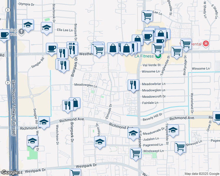 map of restaurants, bars, coffee shops, grocery stores, and more near 3030 Elmside Drive in Houston