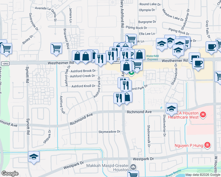 map of restaurants, bars, coffee shops, grocery stores, and more near 2800 South Dairy Ashford Road in Houston