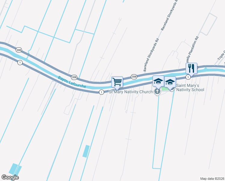 map of restaurants, bars, coffee shops, grocery stores, and more near 101 Agnes Lane in Raceland
