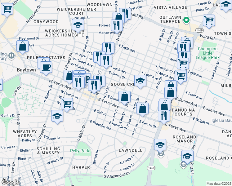 map of restaurants, bars, coffee shops, grocery stores, and more near 200 North 2nd Street in Baytown
