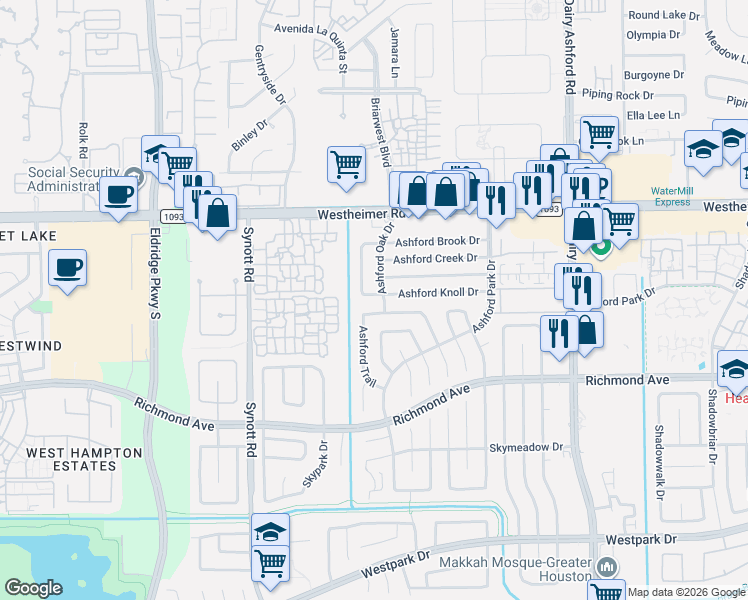 map of restaurants, bars, coffee shops, grocery stores, and more near 2819 Ashford Trail Drive in Houston