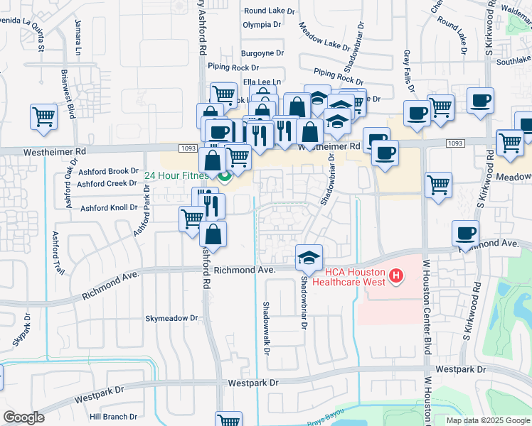 map of restaurants, bars, coffee shops, grocery stores, and more near 2920 Shadowbriar Drive in Houston