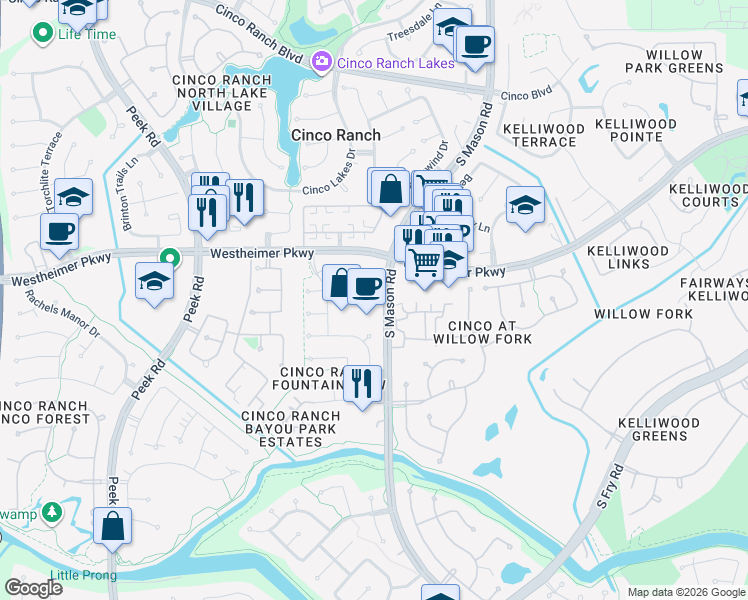map of restaurants, bars, coffee shops, grocery stores, and more near 3700 Mason Road in Katy