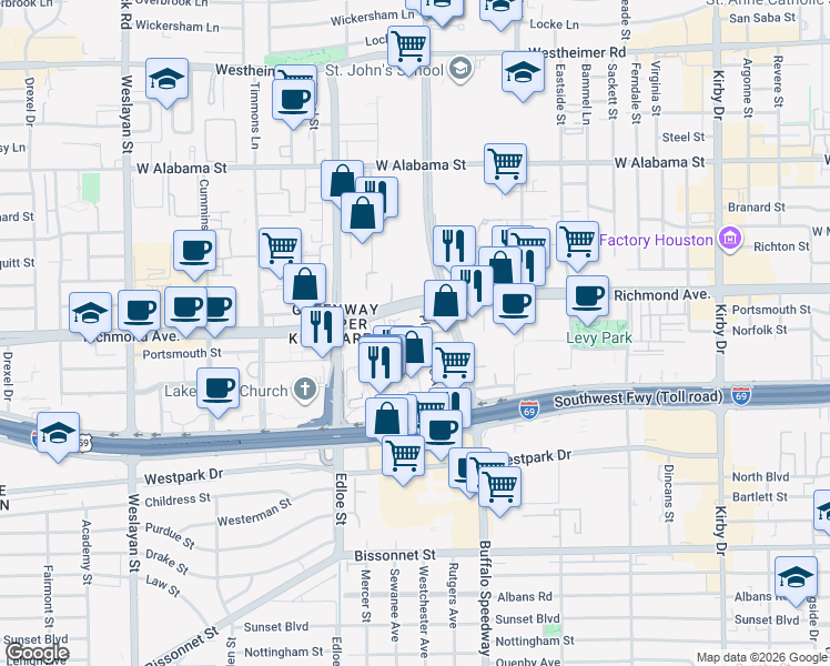 map of restaurants, bars, coffee shops, grocery stores, and more near 7 Greenway Plaza in Houston