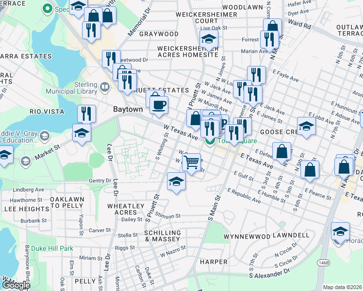 map of restaurants, bars, coffee shops, grocery stores, and more near 415 West Pearce Street in Baytown