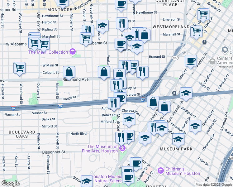 map of restaurants, bars, coffee shops, grocery stores, and more near 4409 Montrose Boulevard in Houston