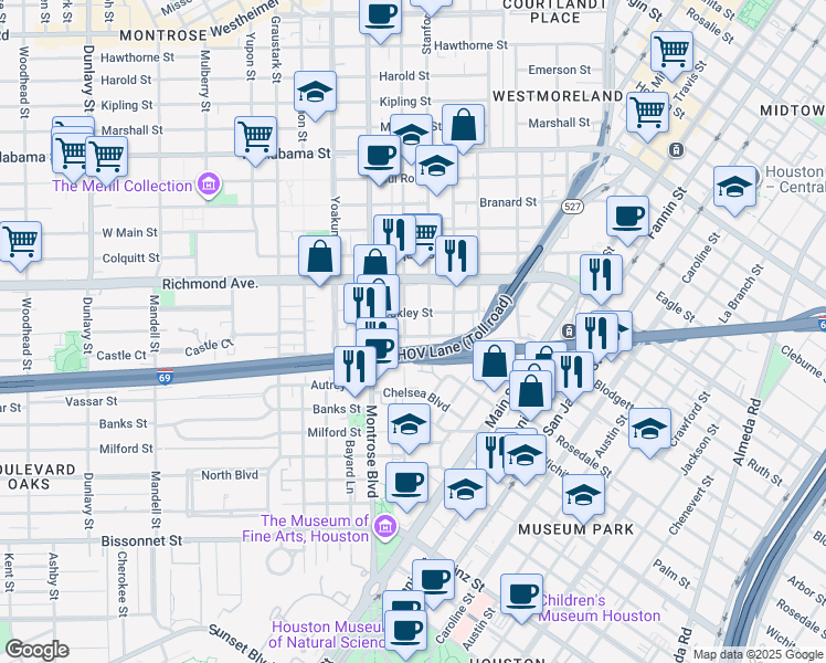 map of restaurants, bars, coffee shops, grocery stores, and more near 4411 Roseland Street in Houston