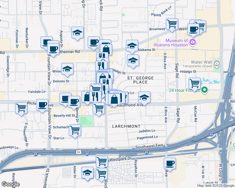 map of restaurants, bars, coffee shops, grocery stores, and more near 5513 Fairdale Lane in Houston