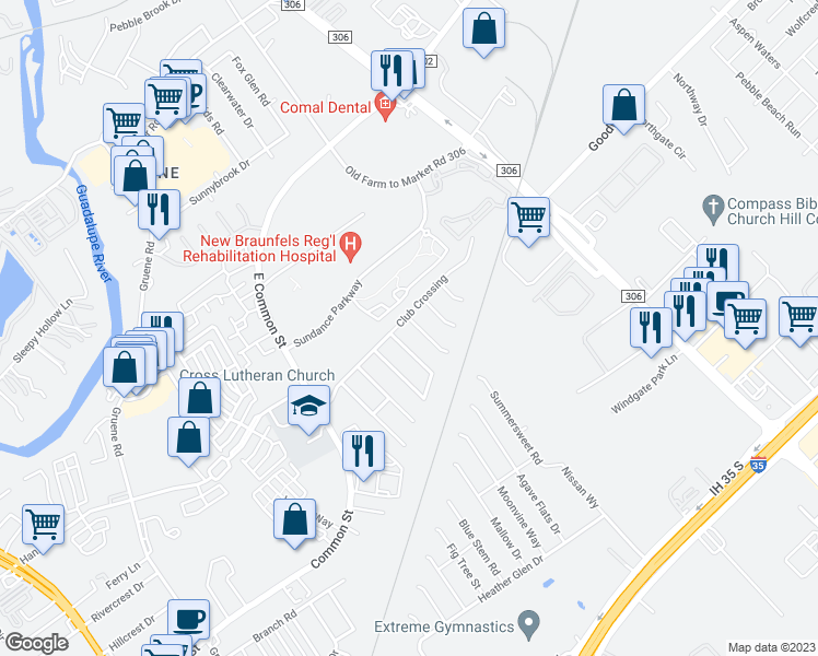 map of restaurants, bars, coffee shops, grocery stores, and more near 883 Spyglass Drive in New Braunfels