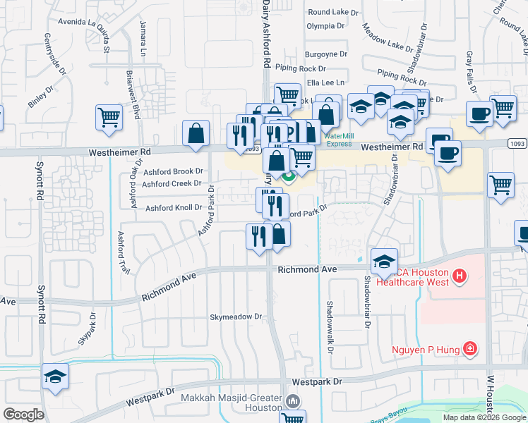 map of restaurants, bars, coffee shops, grocery stores, and more near 12510 Oxford Park Drive in Houston