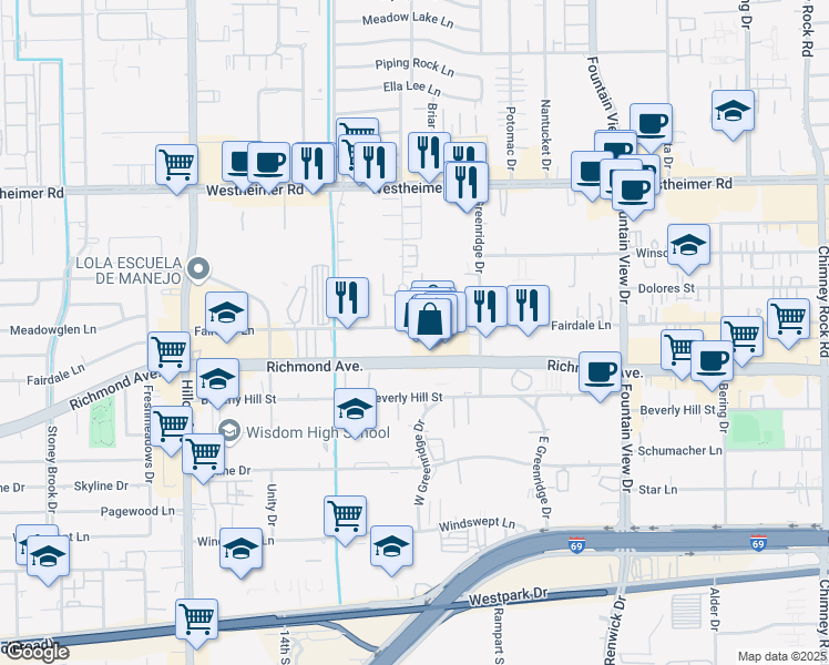 map of restaurants, bars, coffee shops, grocery stores, and more near 3023 West Park at Fairdale in Houston